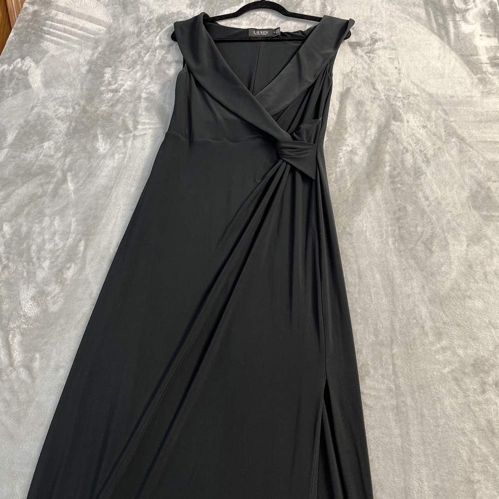 Lauren Ralph Lauren Dress Womens 10‎ Black Maxi Sleeveless Ruched Wrap Gown